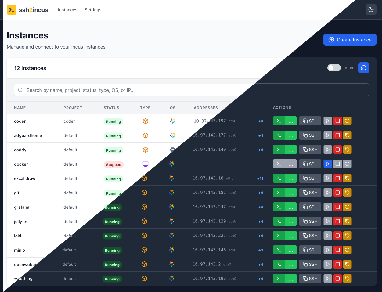 Instance management dashboard showing list of Incus instances
