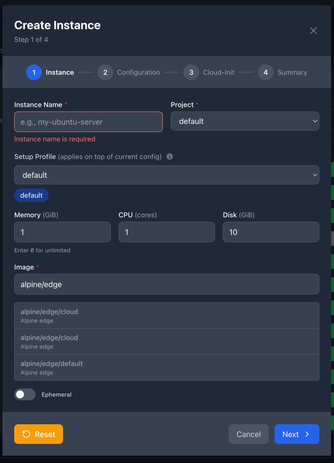 Instance creation wizard step 1 - basic configuration