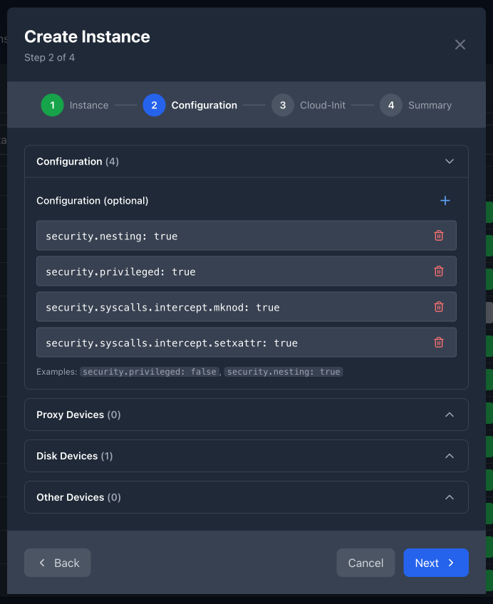 Instance creation step 2 - configuration options