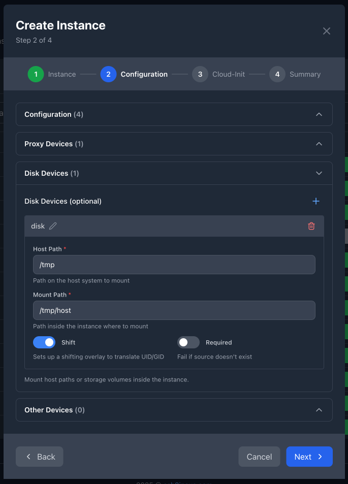 Instance creation step 2 - disk device configuration
