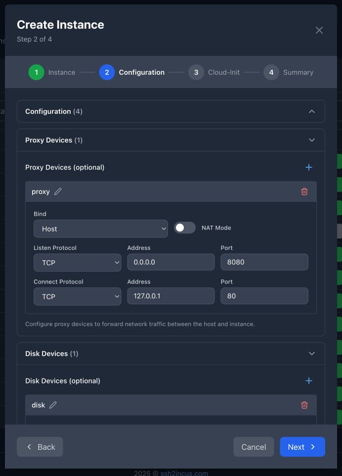 Instance creation step 2 - proxy device configuration