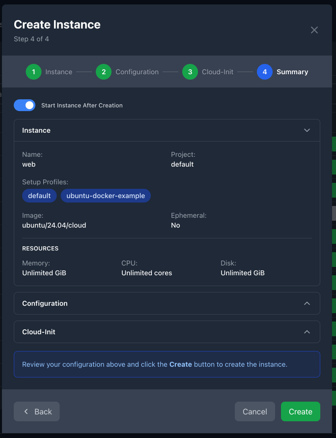Instance creation step 4 - review and create
