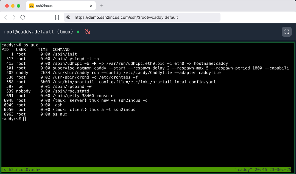 Persistent terminal sessions using tmux